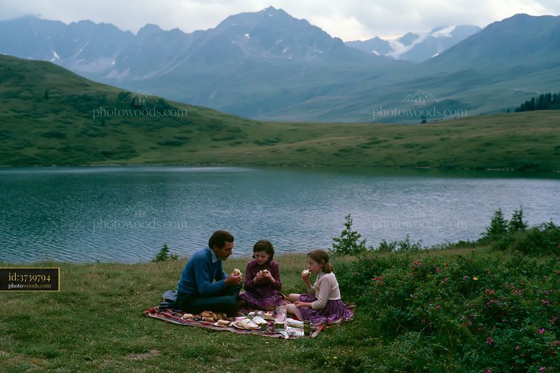 Family picnic beside an alpine lake with mountain views