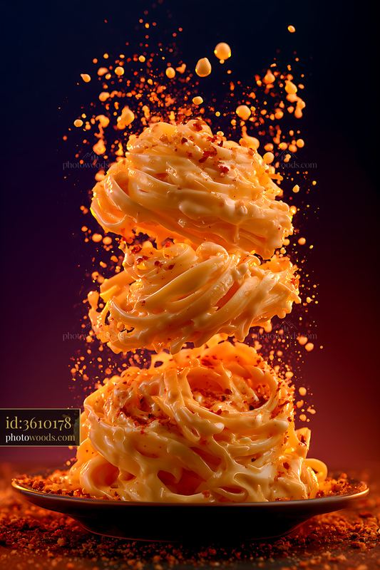 Cheesy pasta in a dynamic display with flying ingredients