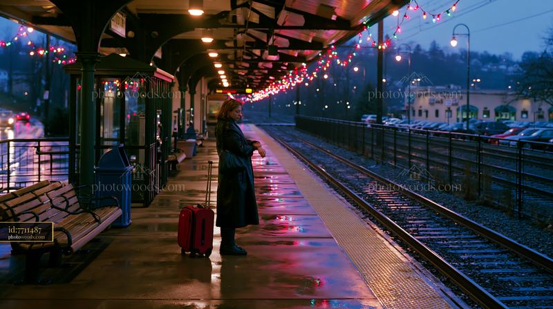 Christmas Lights Reflected on Wet Train Station Platform