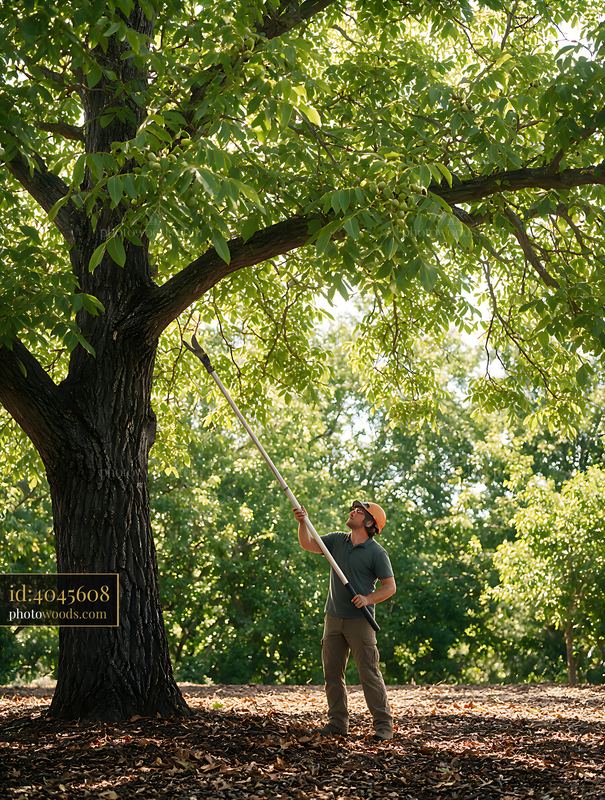 Tree Pruning With Pole Saw Beneath Large Green Tree in Daylight
