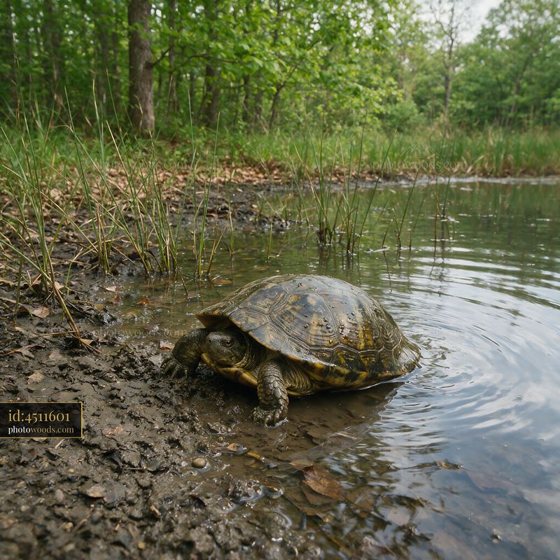 Turtle Emerging from a Woodland Pond