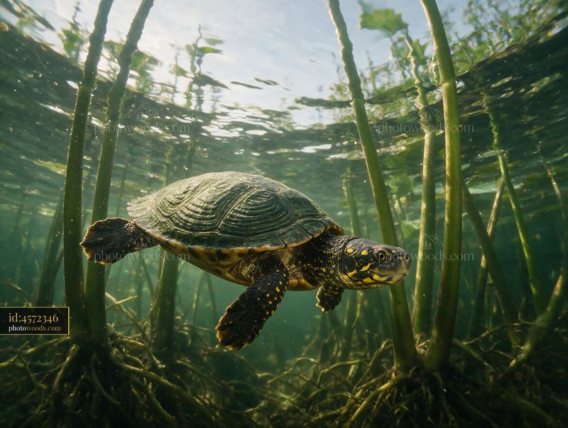 Turtle Swimming Through Aquatic Plants