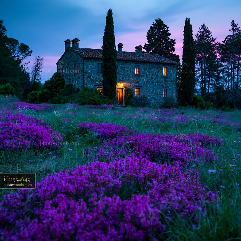 Tuscan Stone Farmhouse With Cypress Trees in Purple Flower Field