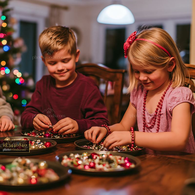 Children sorting Christmas decorations at a festive table