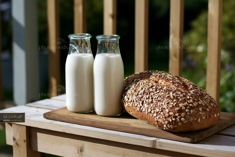 Glass milk bottles arranged beside fresh bread on a wooden table