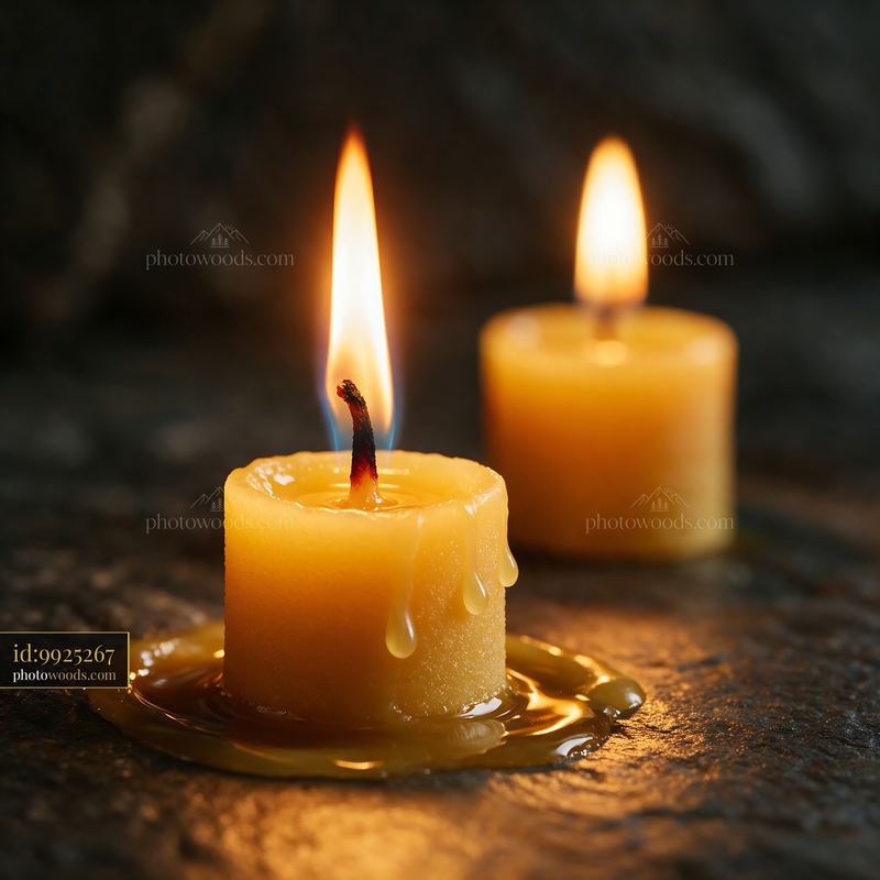 Macro View of Two Burning Candles with Melted Wax