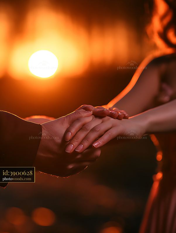 Hands of a couple holding each other at sunset