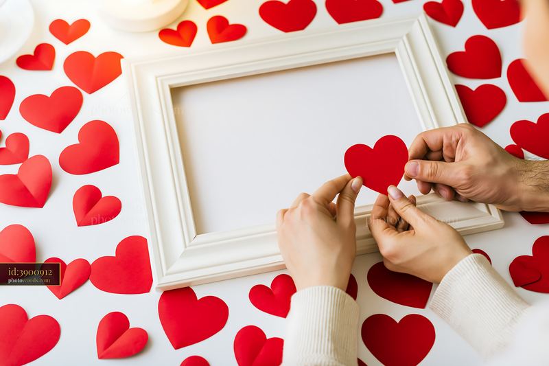 Hands holding red paper heart near white photo frame