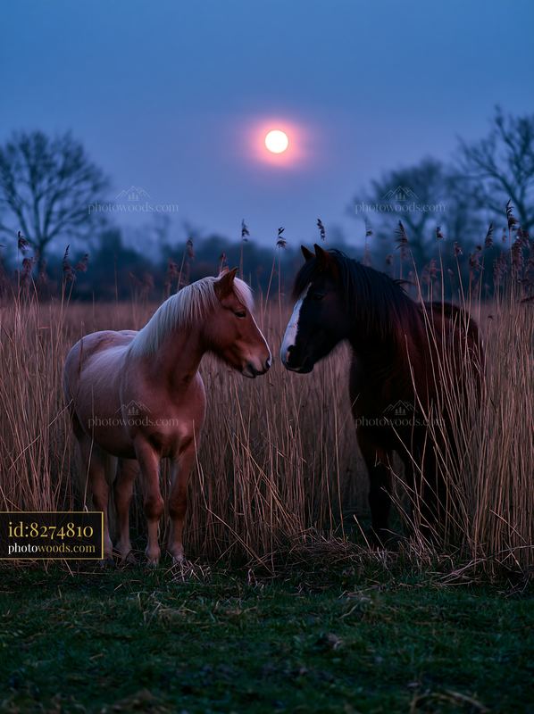 Horses stand together in a moonlit meadow at dusk