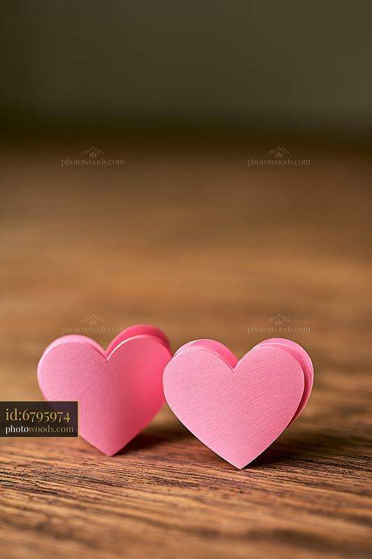 Two Pink Paper Hearts on Wooden Surface