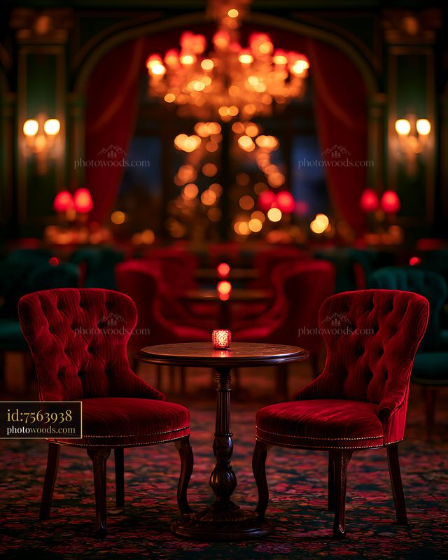 Elegant red velvet chairs with a round table in a softly lit setting