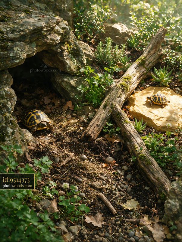 Two tortoises in a naturalistic rocky enclosure