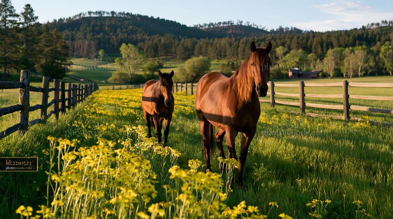 Wild horses walking through spring flowers in a sunny field