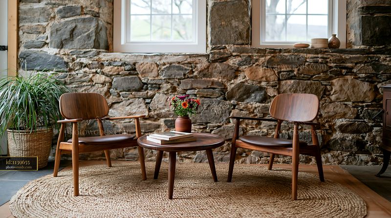 Farmhouse interior with exposed stone wall and cozy seating area