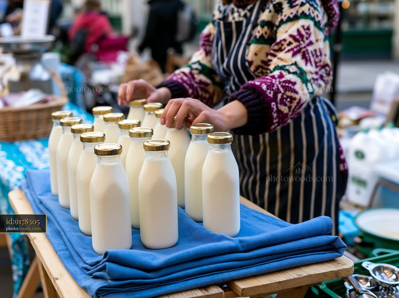 Artisan milk bottles displayed on a street market stall