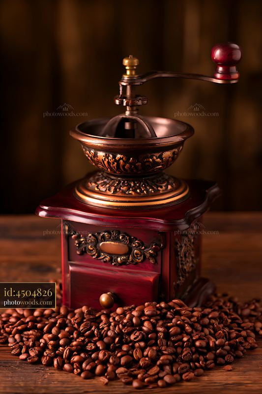 Vintage Coffee Grinder With Coffee Beans on Wooden Table