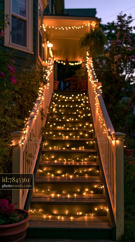 Warm string lights decorating an outdoor staircase at dusk