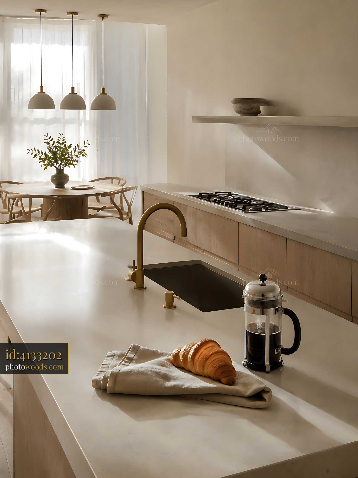 Kitchen With Coffee Maker and Croissant on a Countertop