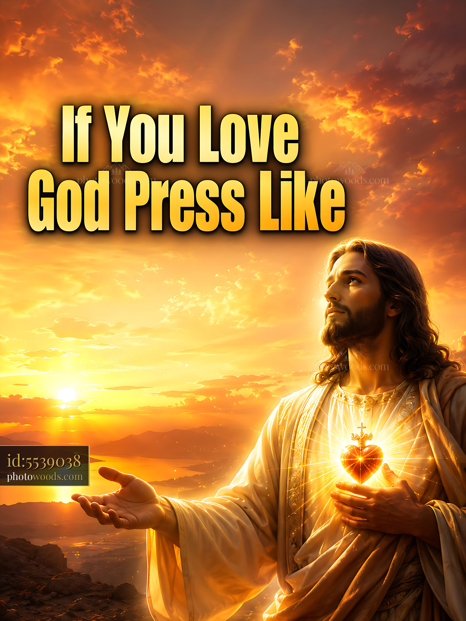 Jesus Holding Heart With Sunset Background and Text Message