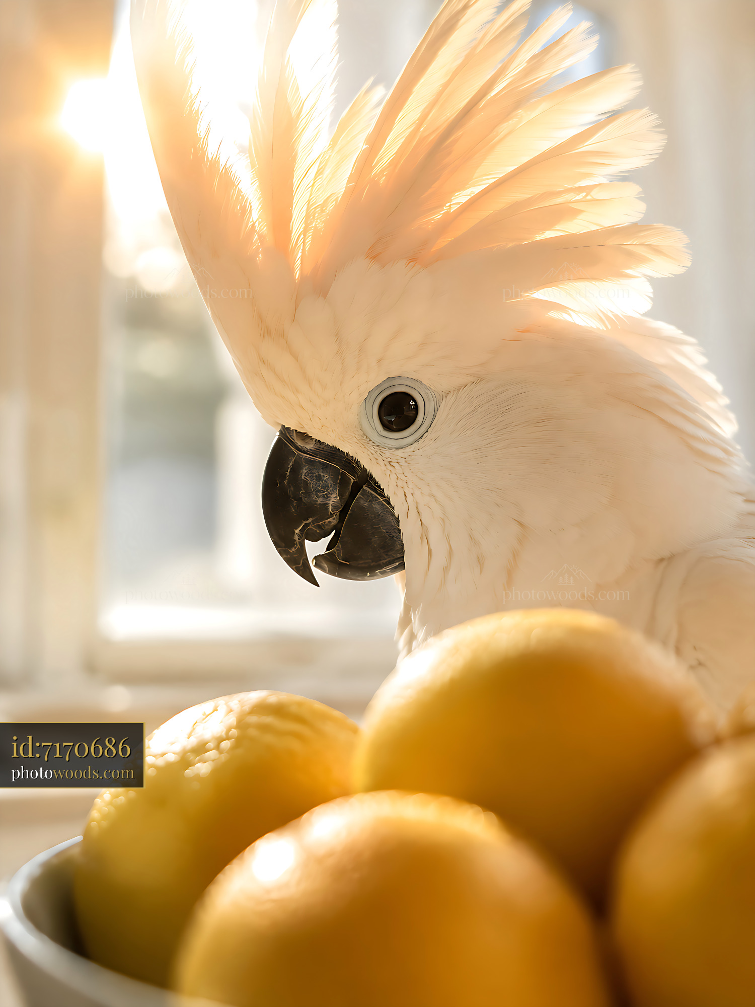 Cockatoo Stands Near a Bowl of Lemons With Sunlight Shining