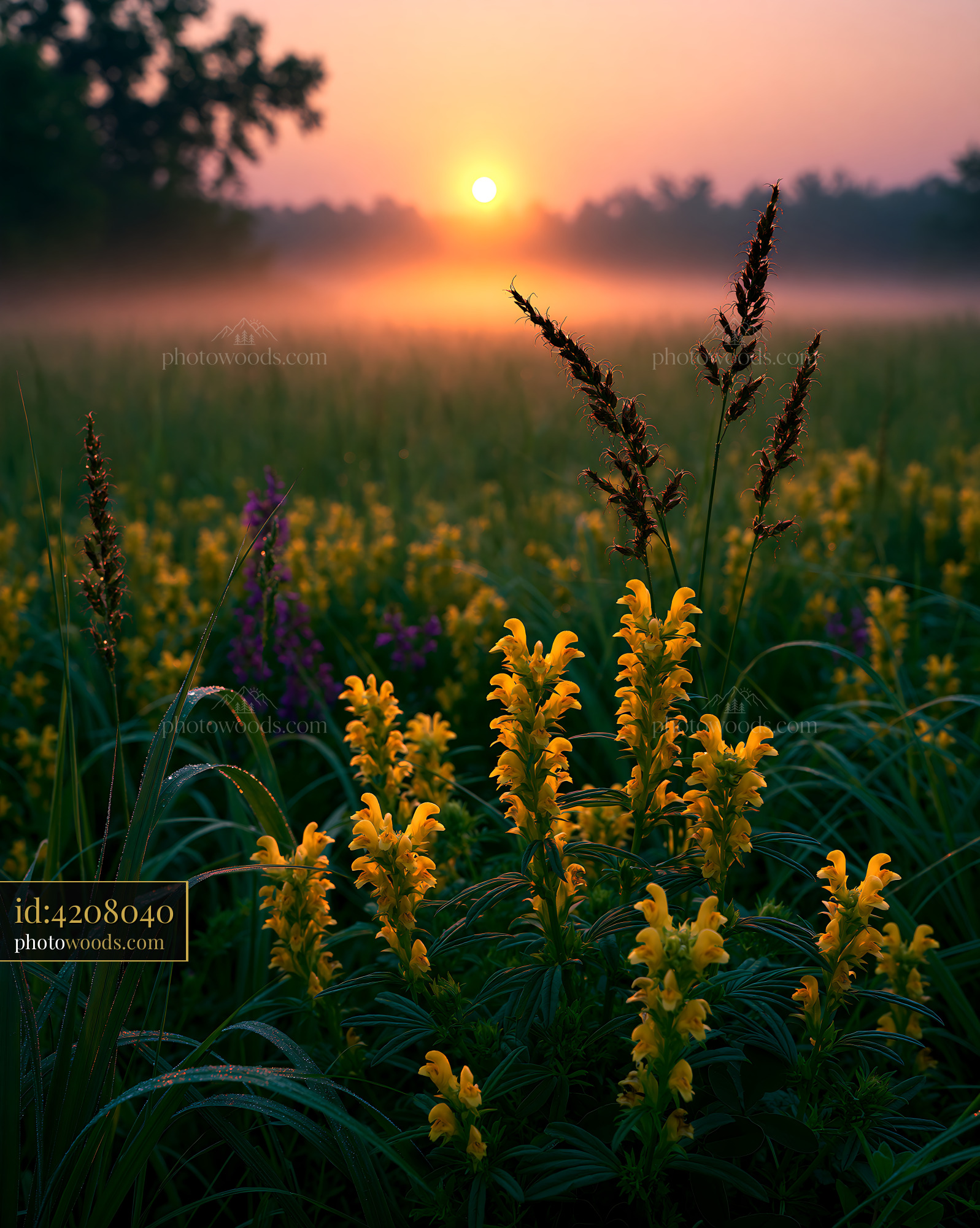 Yellow Toadflax in a Sunrise Meadow Setting With Morning Dew
