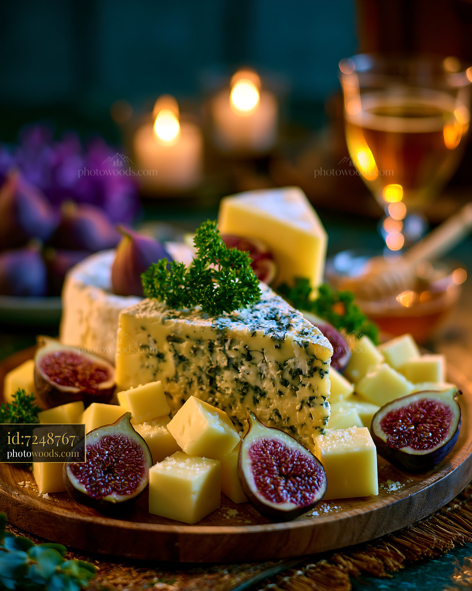 Charcuterie Board With Cheeses Figs and Honey at Evening Gathering