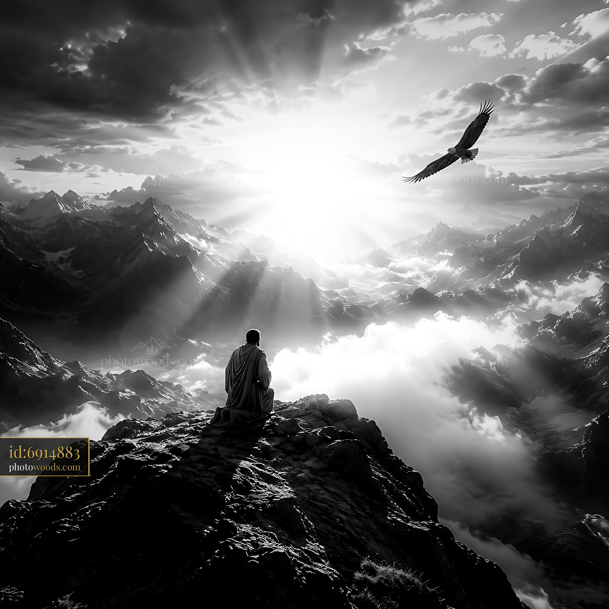 Man Sits on Mountain Peak While Eagle Soars Above Clouds