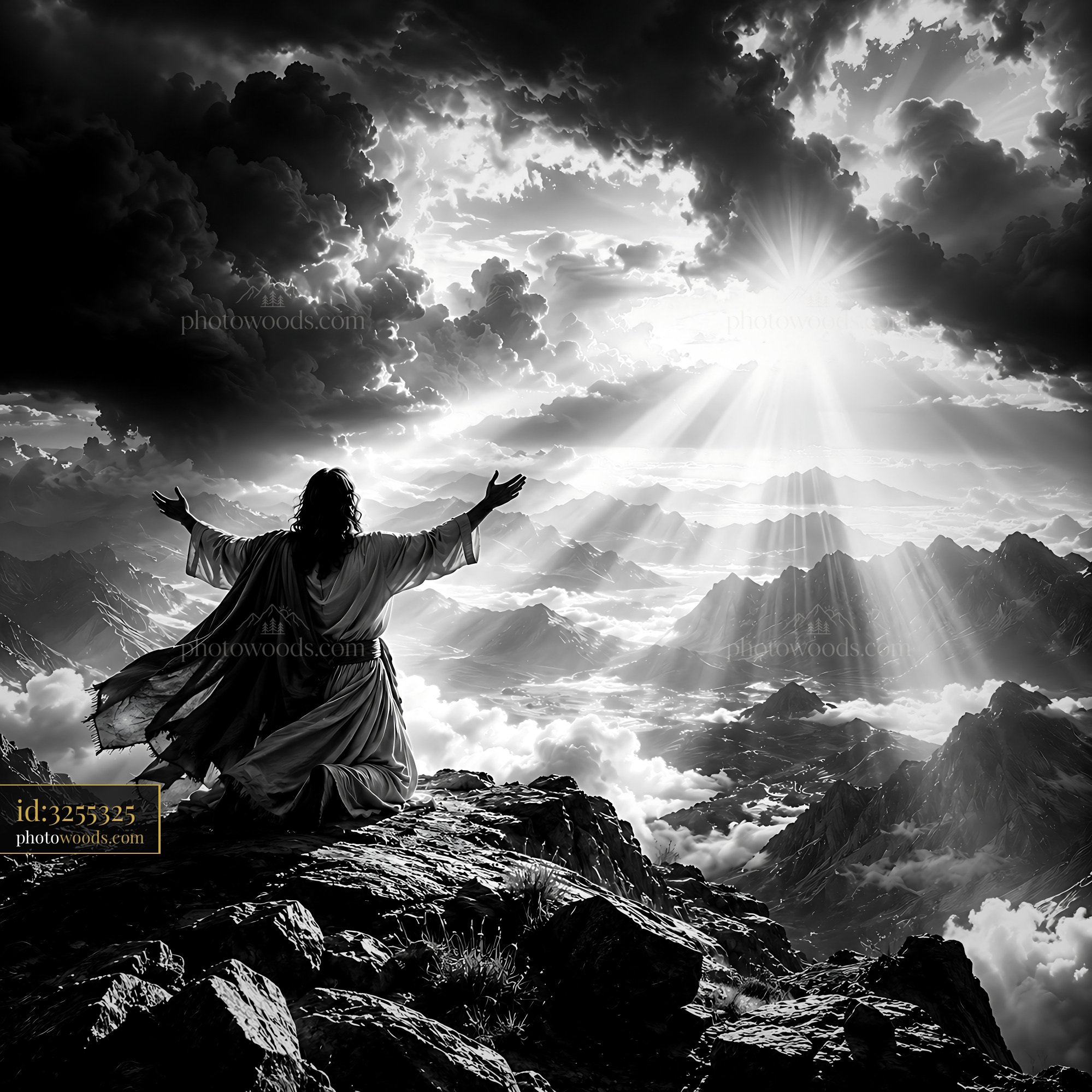 Figure With Outstretched Arms on Mountain Peak Under Clouds