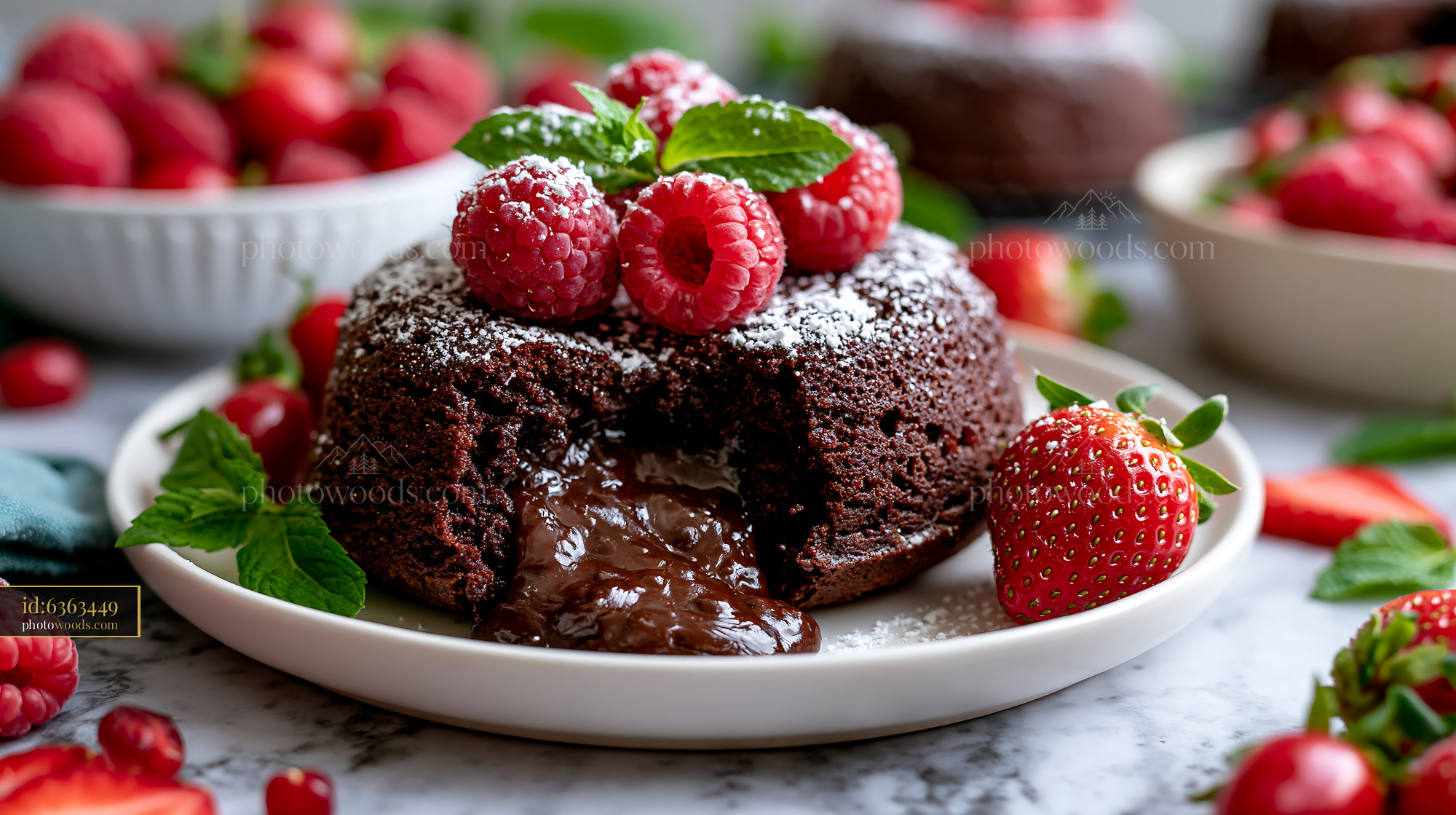 Chocolate Lava Cake With Fresh Raspberries and Strawberries