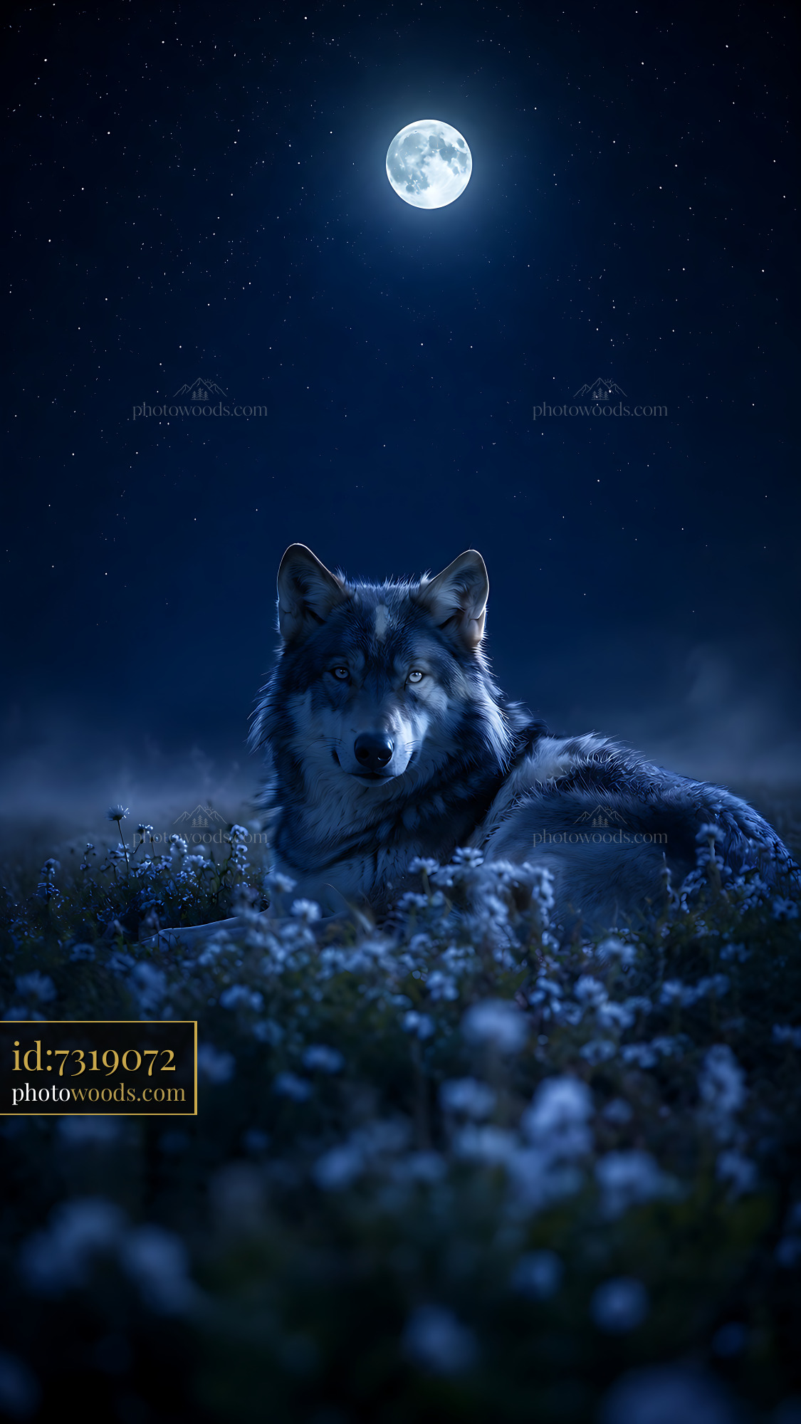 Wolf Rests in Flowers Under a Full Moon at Night