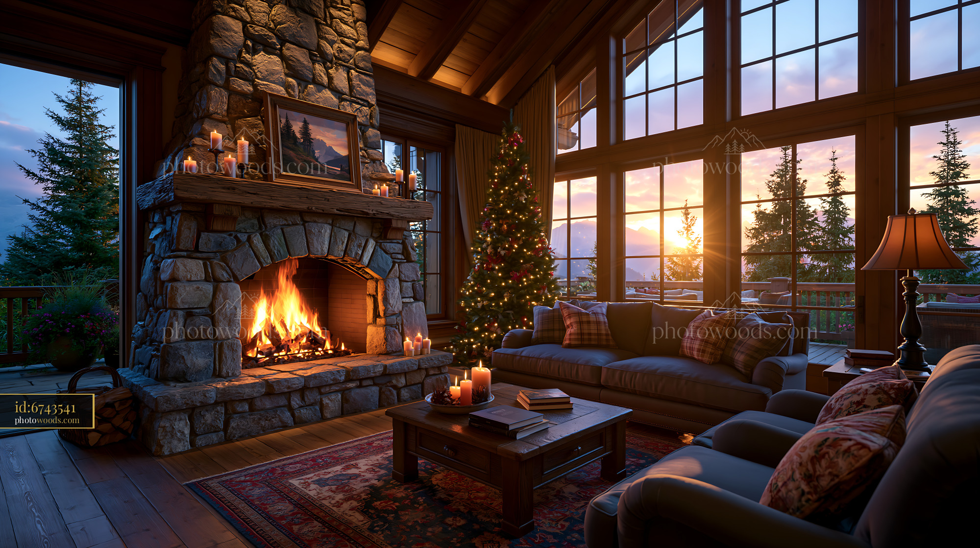 Chalet Style Lounge With Stone Fireplace in Evening Light