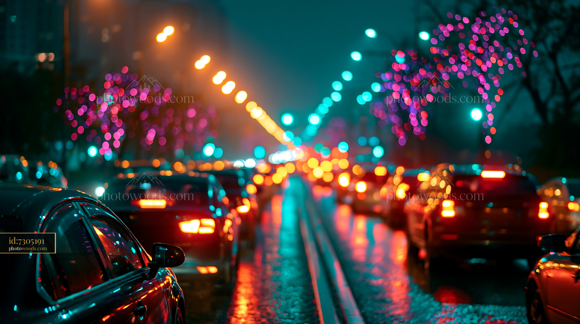 Night Traffic With Colorful Lights Lining the Street