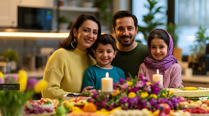 Family Celebrating Nowruz at a Decorated Table With Flowers