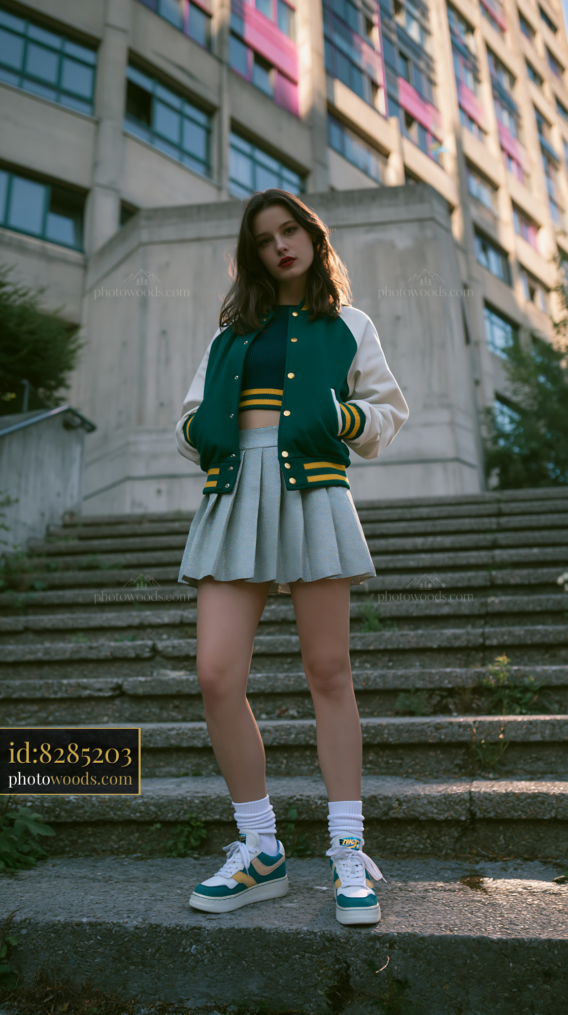 Young Woman in Varsity Jacket and Skirt on City Steps