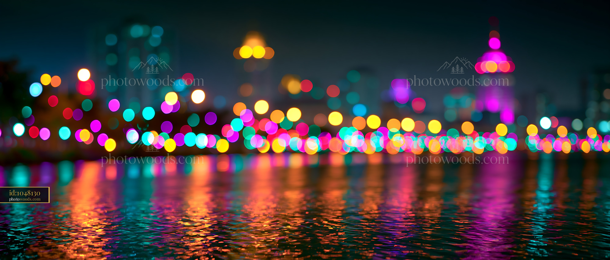 City Lights Reflect on Water at Night Creating Colorful Bokeh