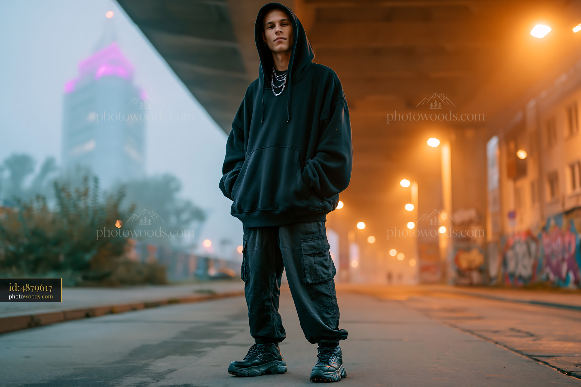 Confident Young Man Wearing Oversized Hoodie in Urban Setting