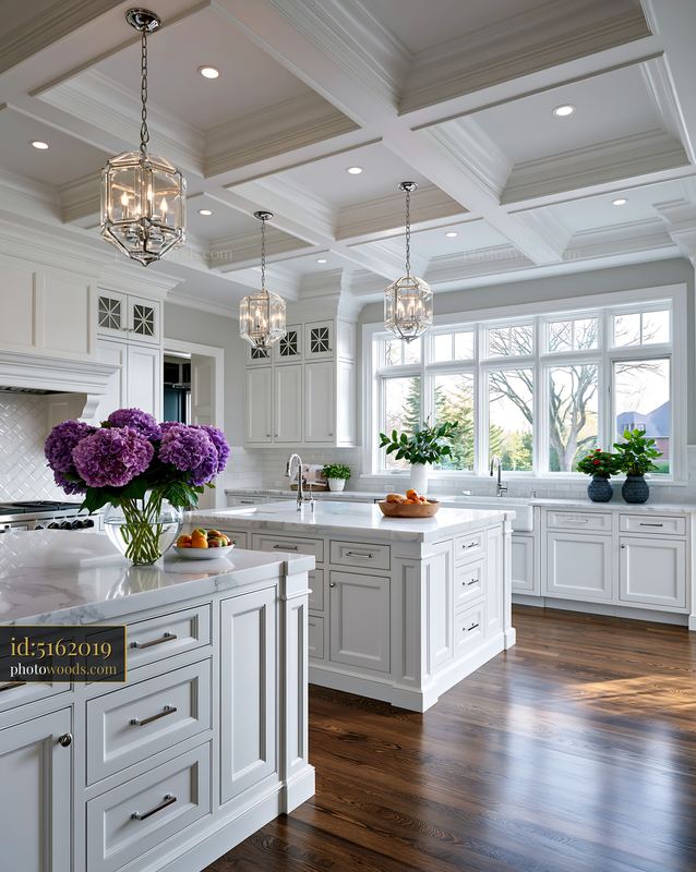 Classic Kitchen Interior With Coffered Ceiling and Modern Appliances