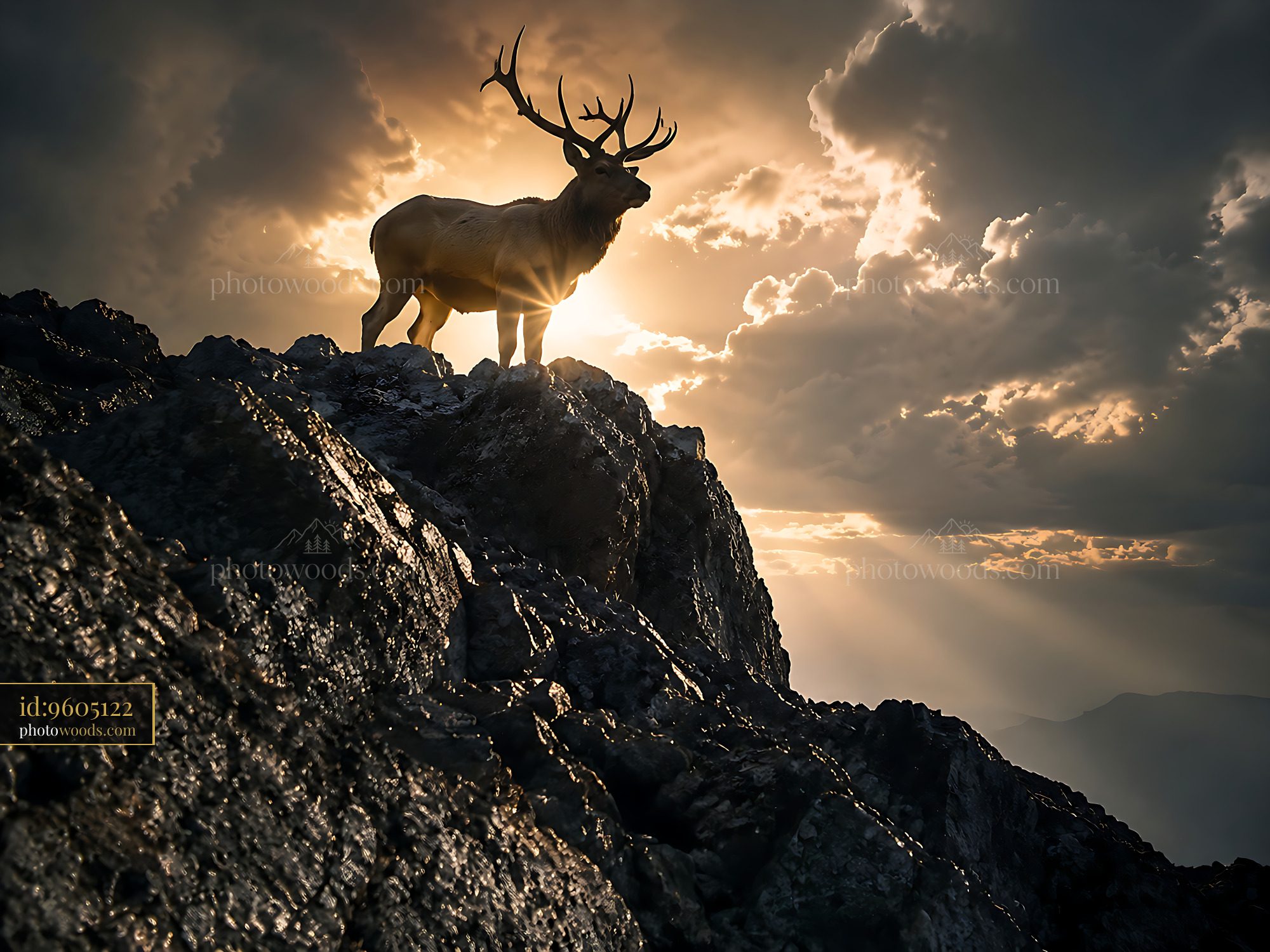 Stag Standing on Rock With Sunset in the Background