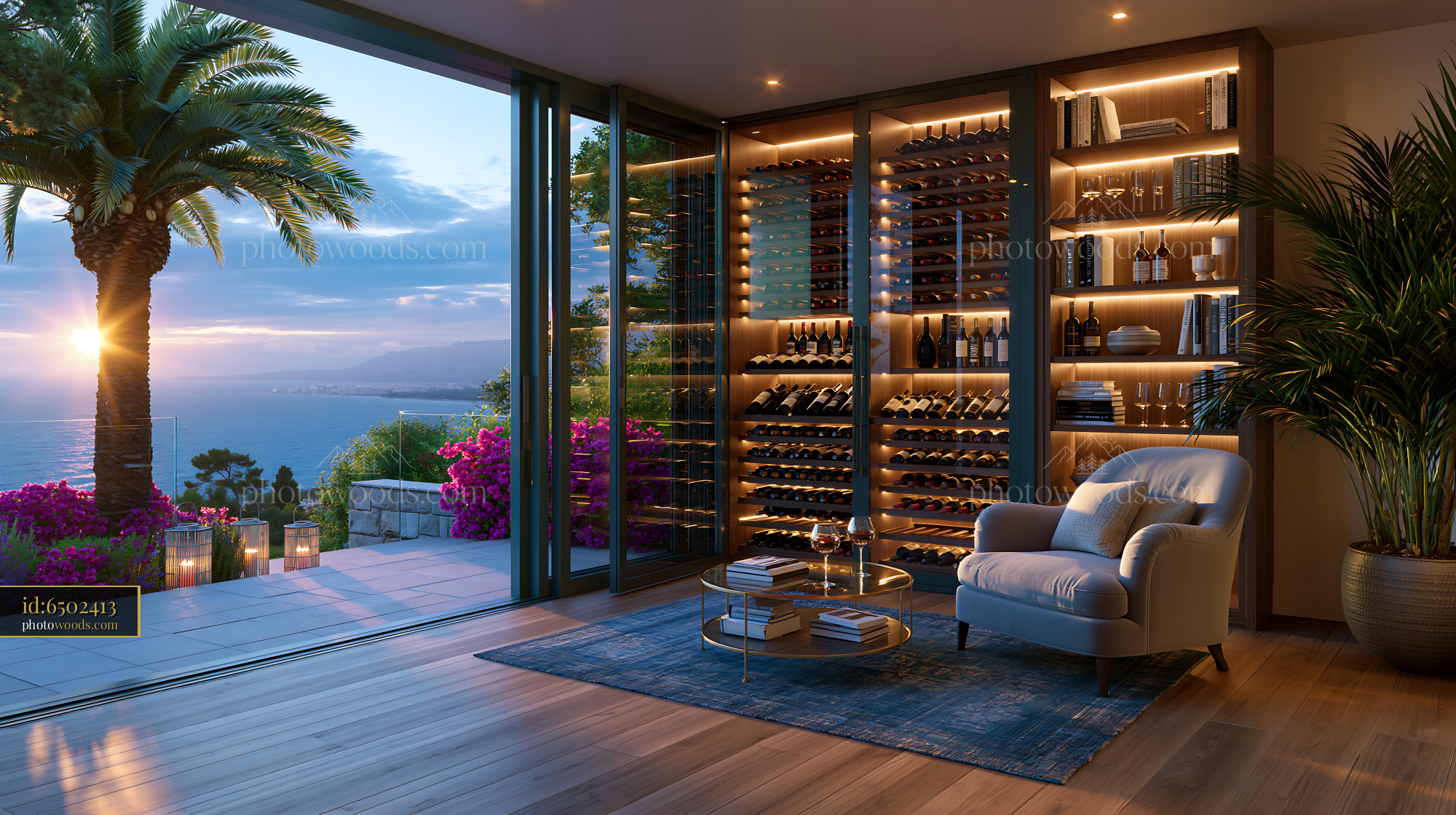 Wine Cellar With Glass Enclosure and Ocean View in Mediterranean