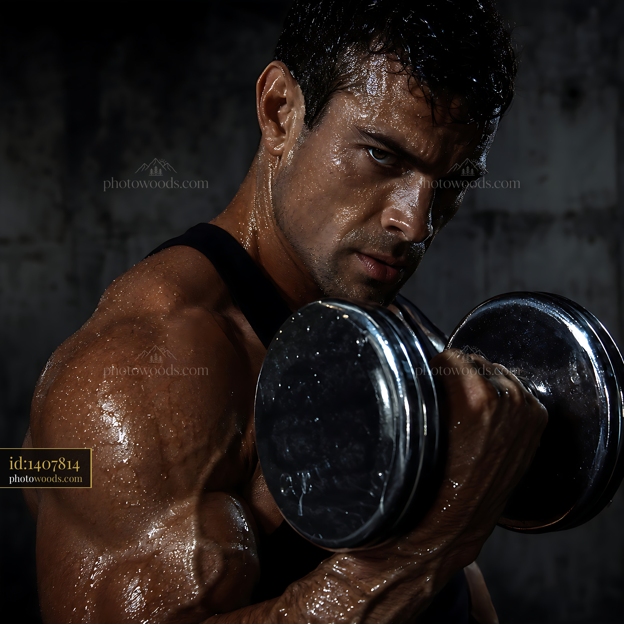 Man Lifting Dumbbell in Gym During Intense Workout Session