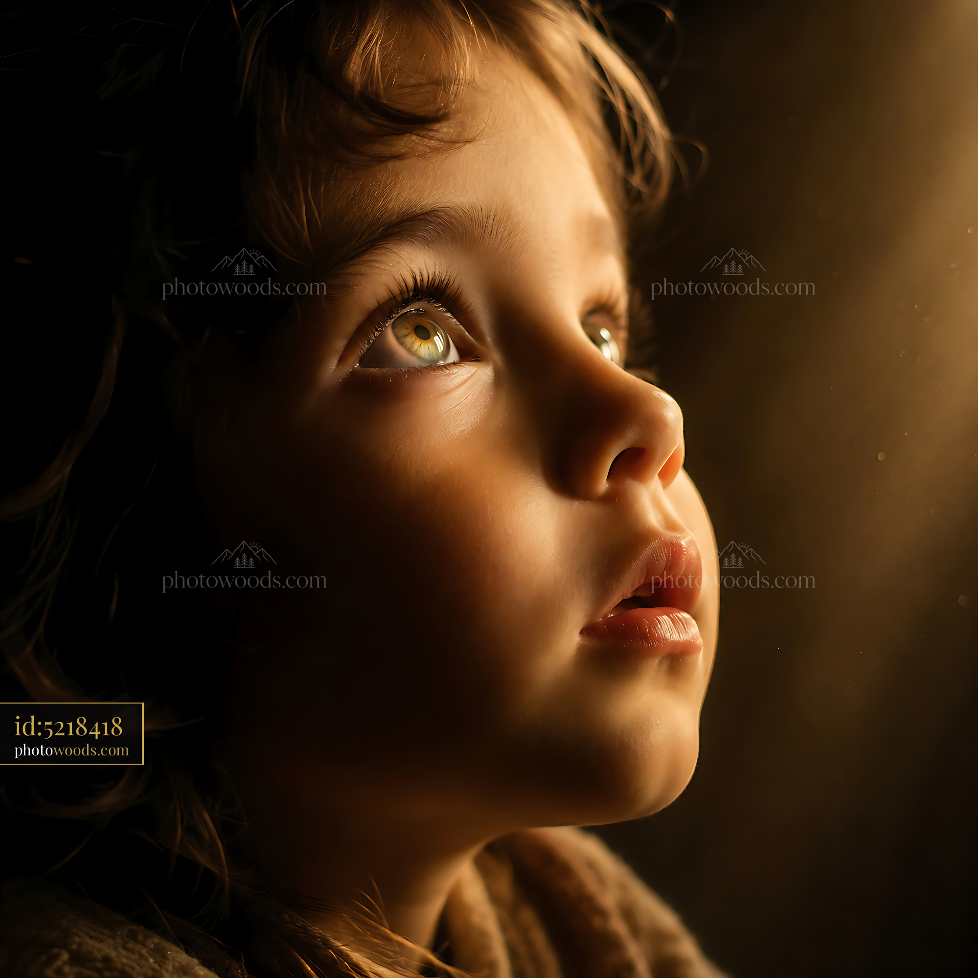 Child Gazing Upwards in Soft Light With a Curious Expression