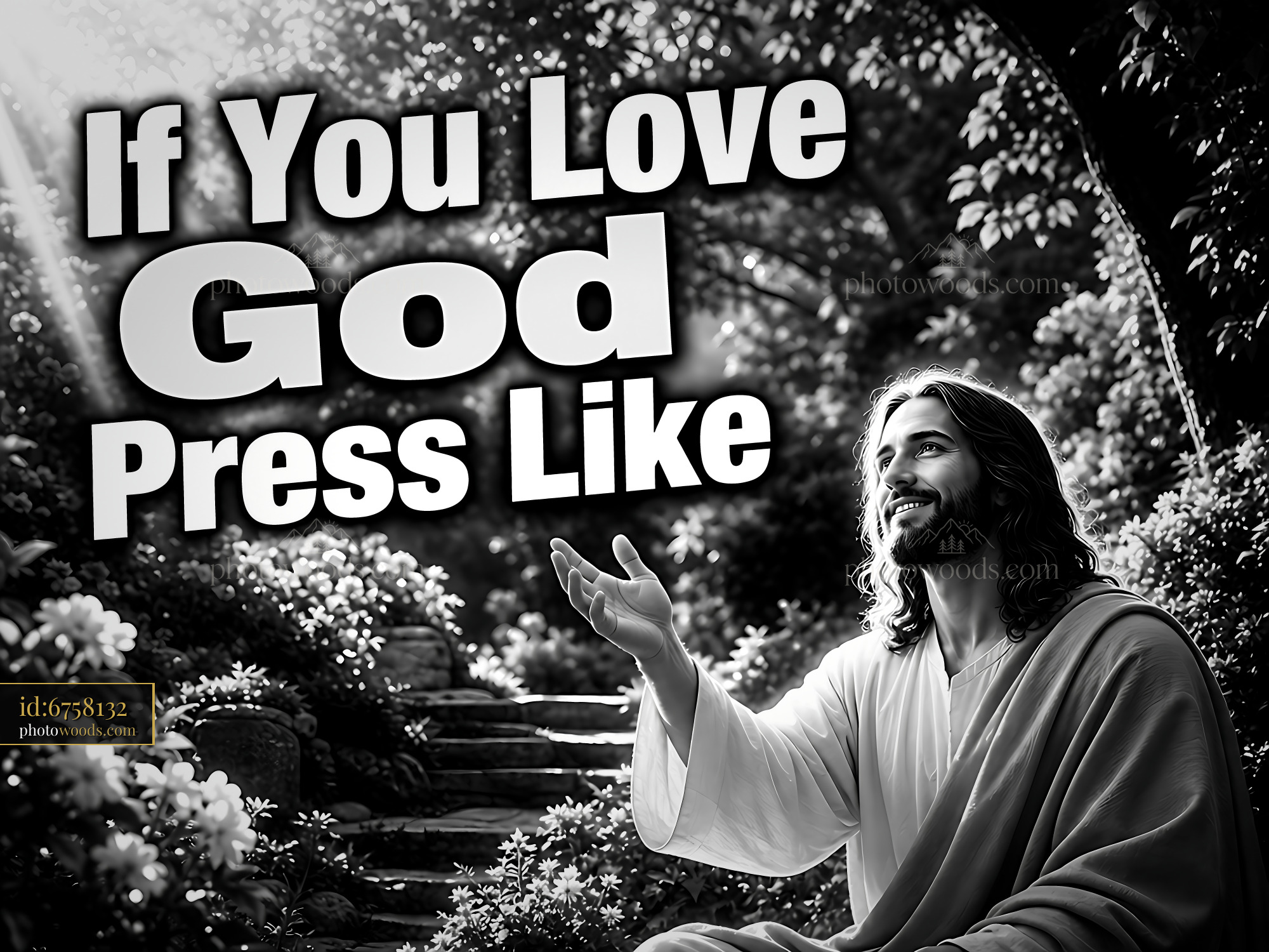Jesus Gestures While Sitting Among Flowers in a Shaded Area