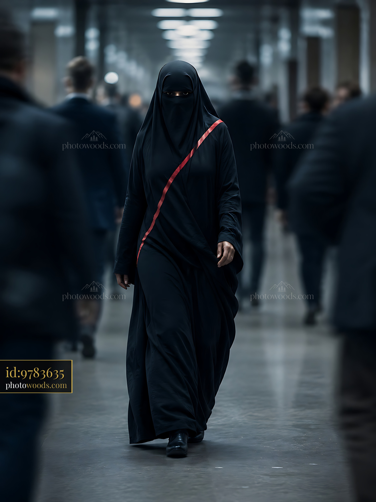 Woman in Black Attire Walks Through a Busy Urban Corridor