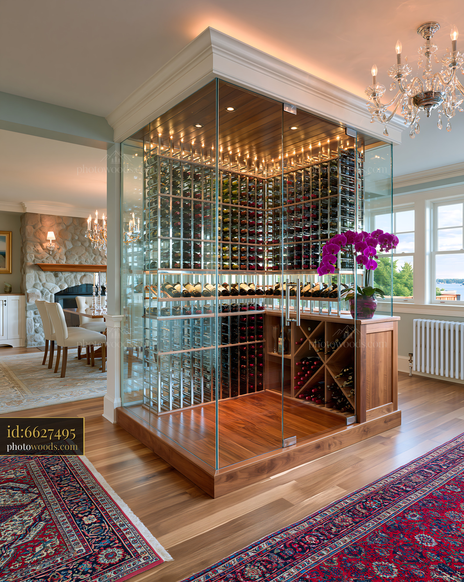 Wine Cellar With Glass Enclosure in Lakeside Home