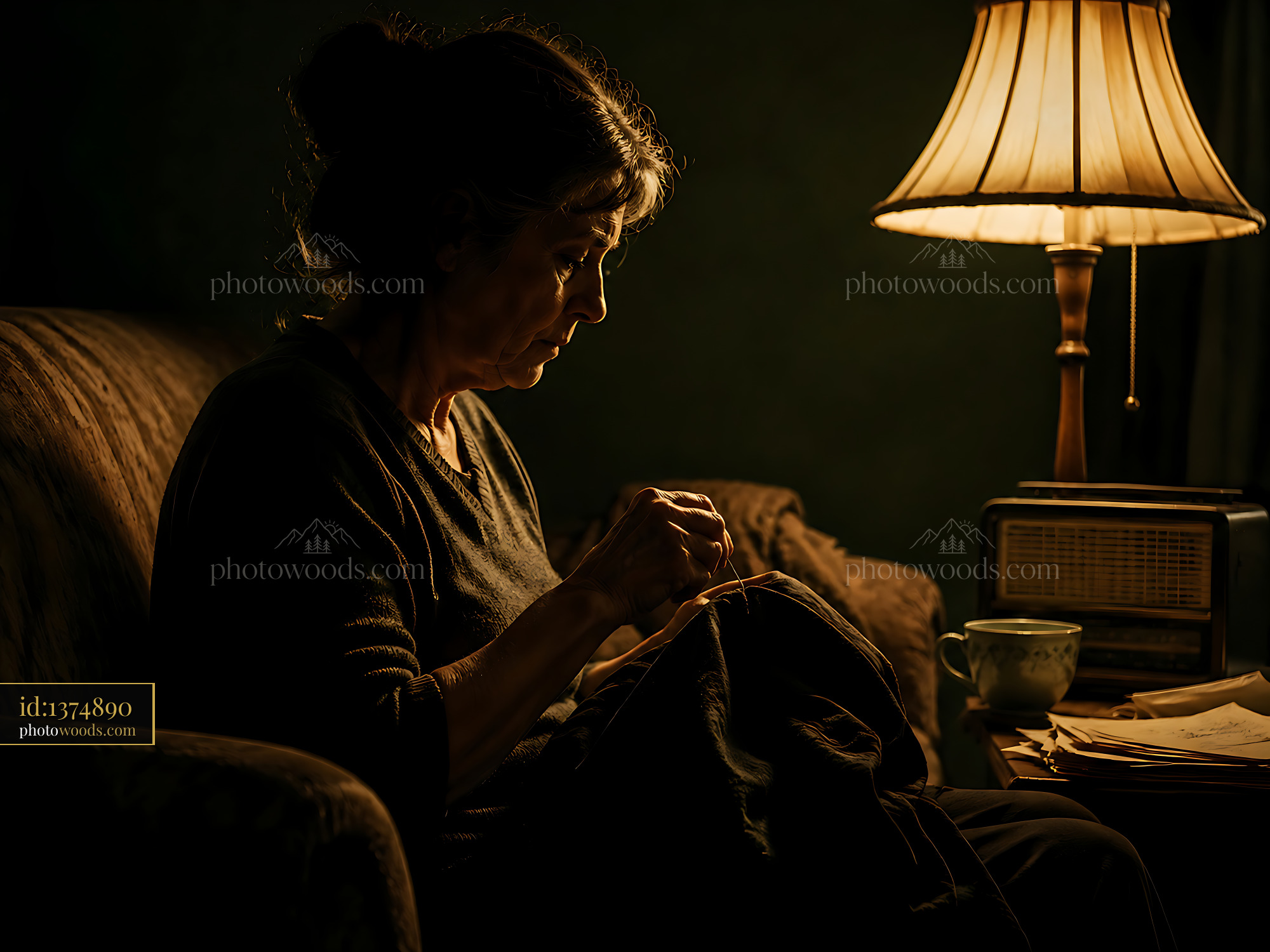 Woman Sewing by Lamp Light in a Cozy Living Room Setting