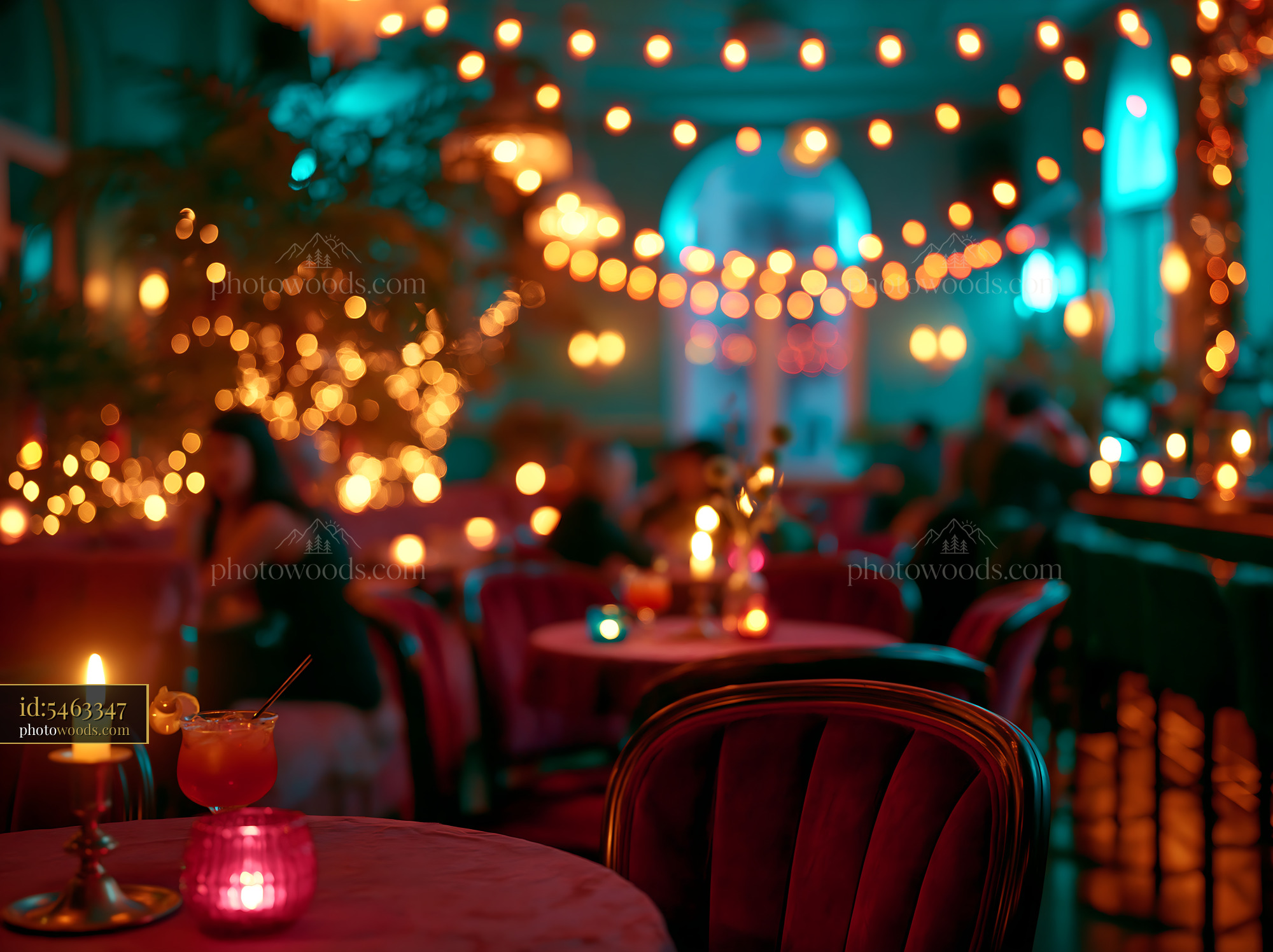 Restaurant Tables With Drinks and Lights in the Evening Atmosphere
