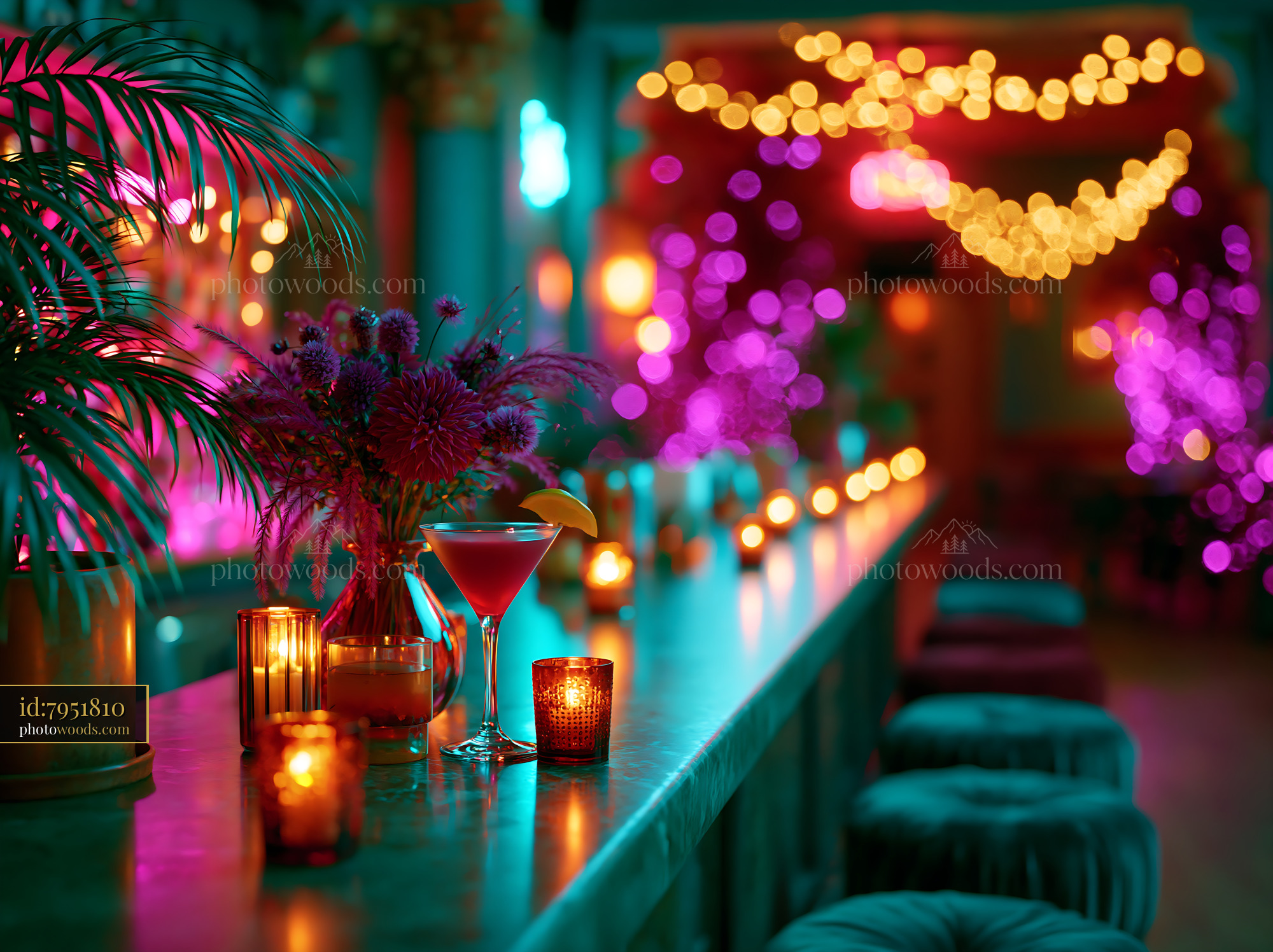 Bar Scene With Colorful Lights and Drinks in the Evening