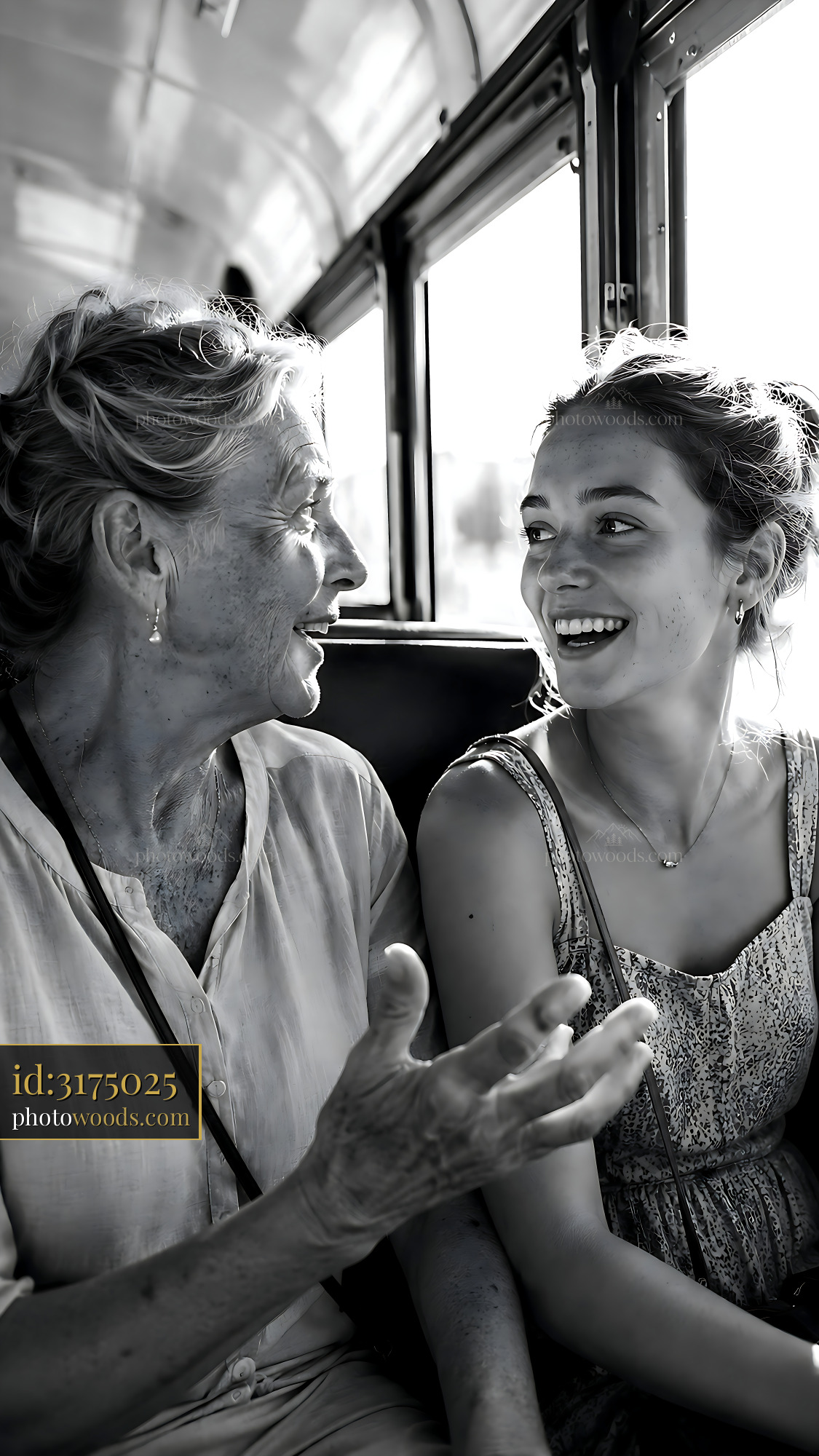 Older Woman and Young Girl Share a Joyful Conversation on a Bus