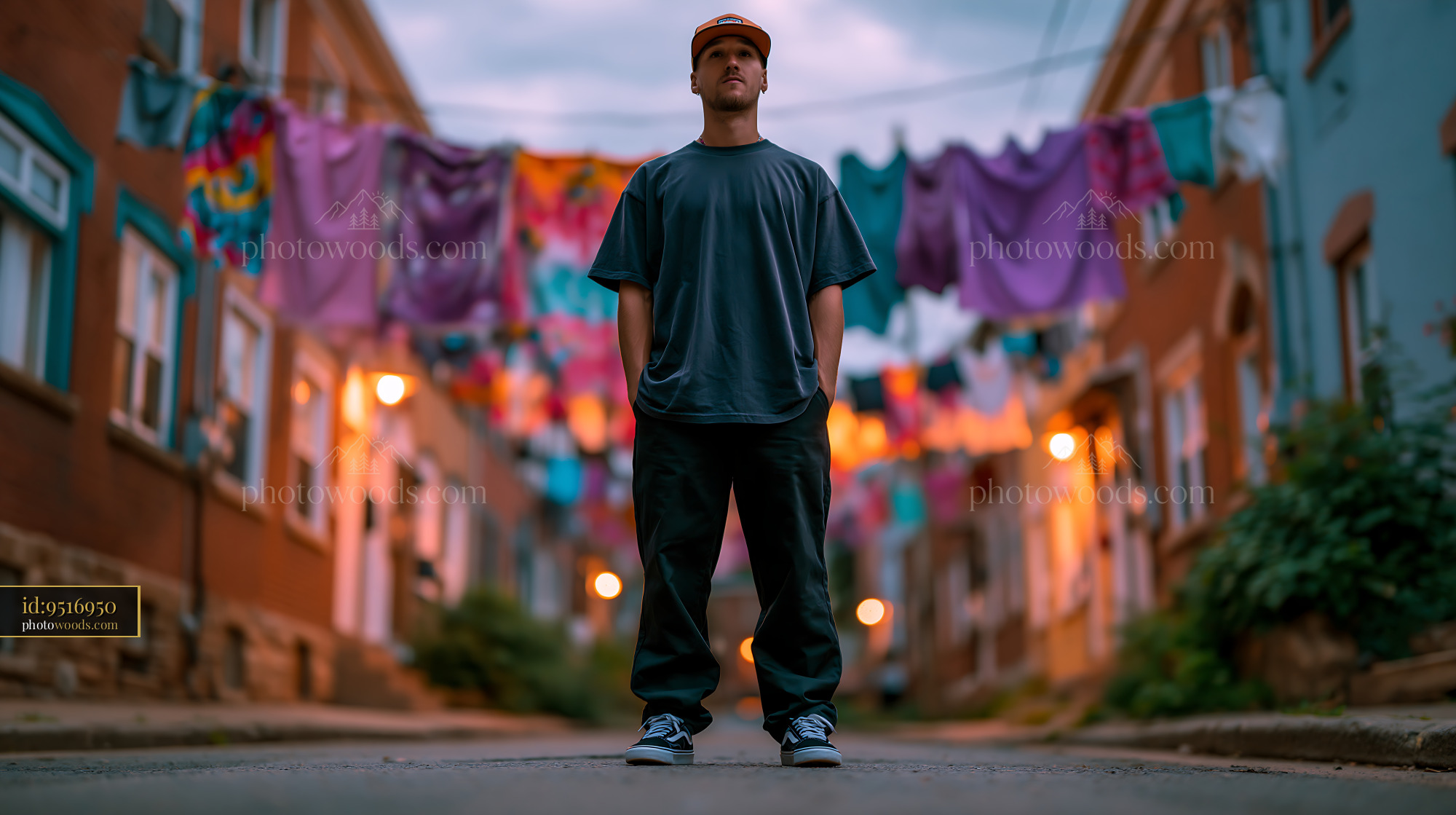 Skater Man in Urban Street With Colorful Laundry Hanging