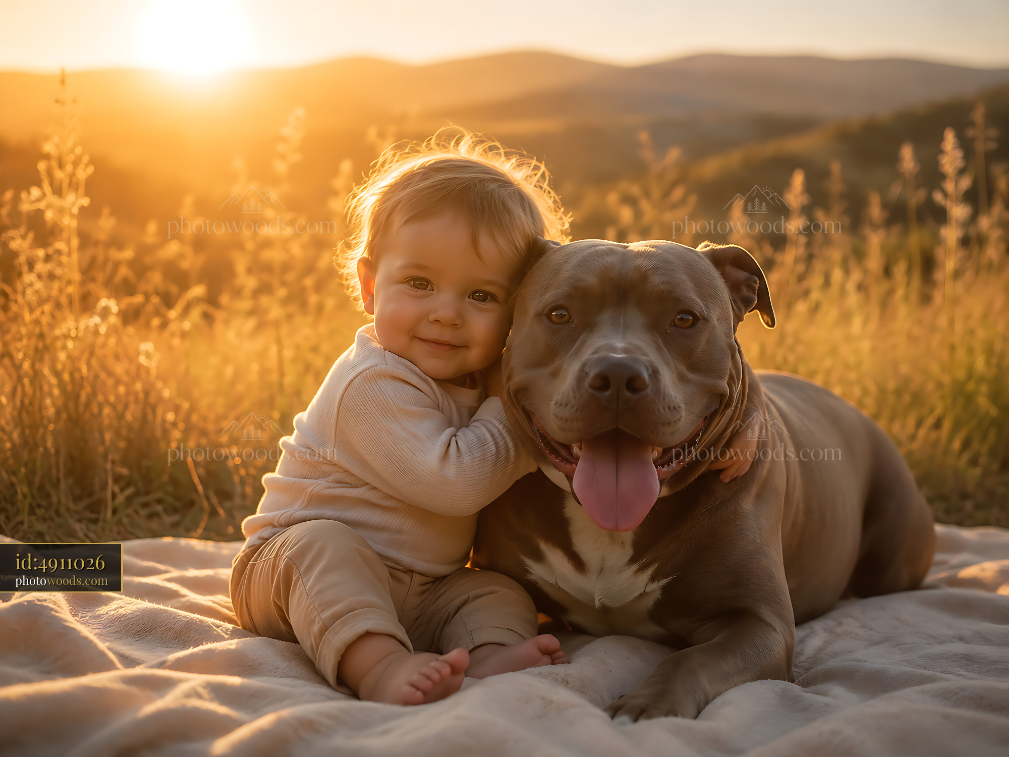 Baby Hugs Dog at Sunset in Golden Field